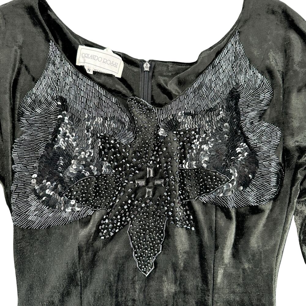 Orlando Rossi Vintage Black Velvet Midi Dress Beaded Sculpted Neck Small 90s - Picture 5 of 7